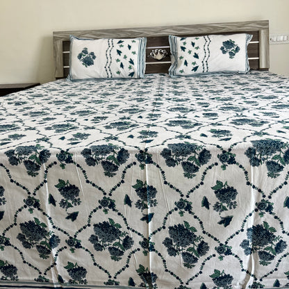 Blue Butterfly Floral Handblock Printed Cotton Bedsheet