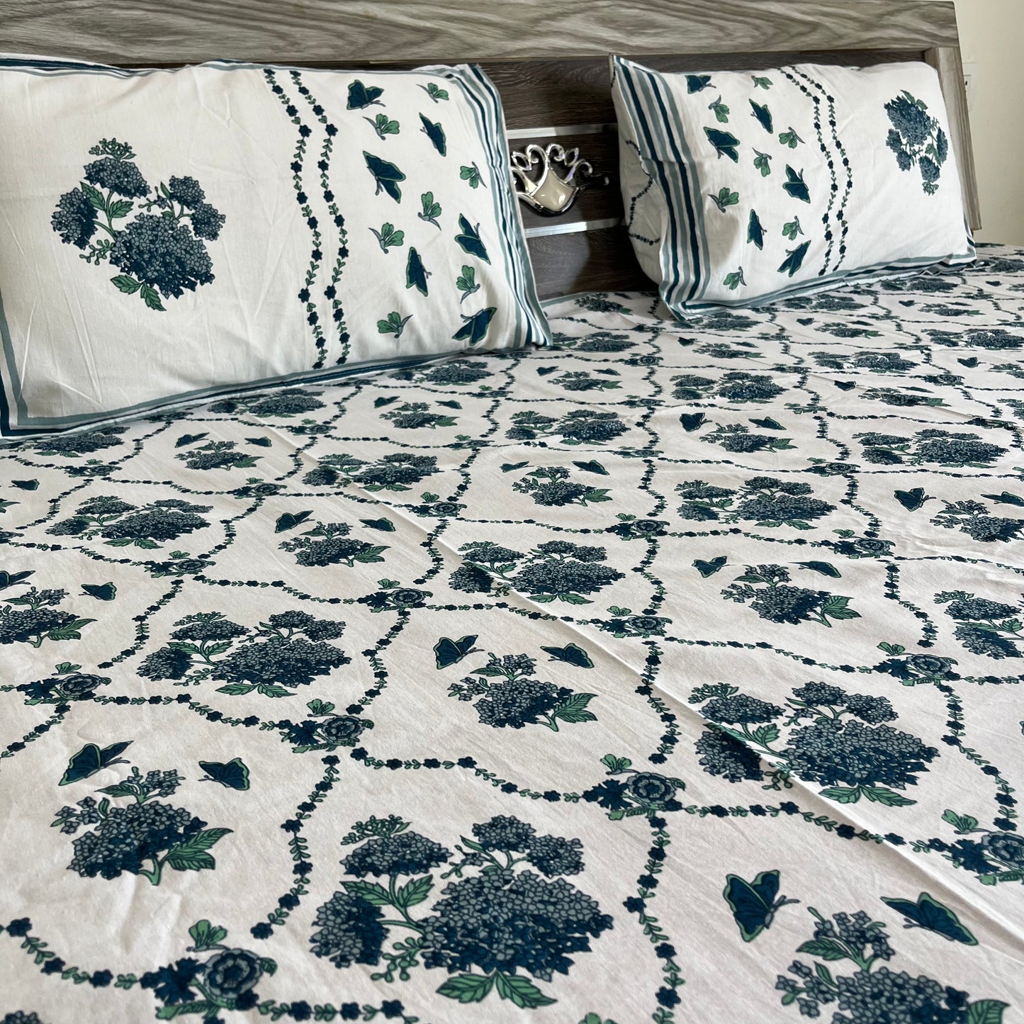 Blue Butterfly Floral Handblock Printed Cotton Bedsheet