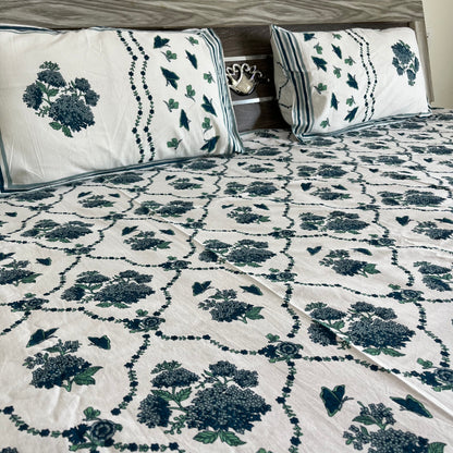 Blue Butterfly Floral Handblock Printed Cotton Bedsheet