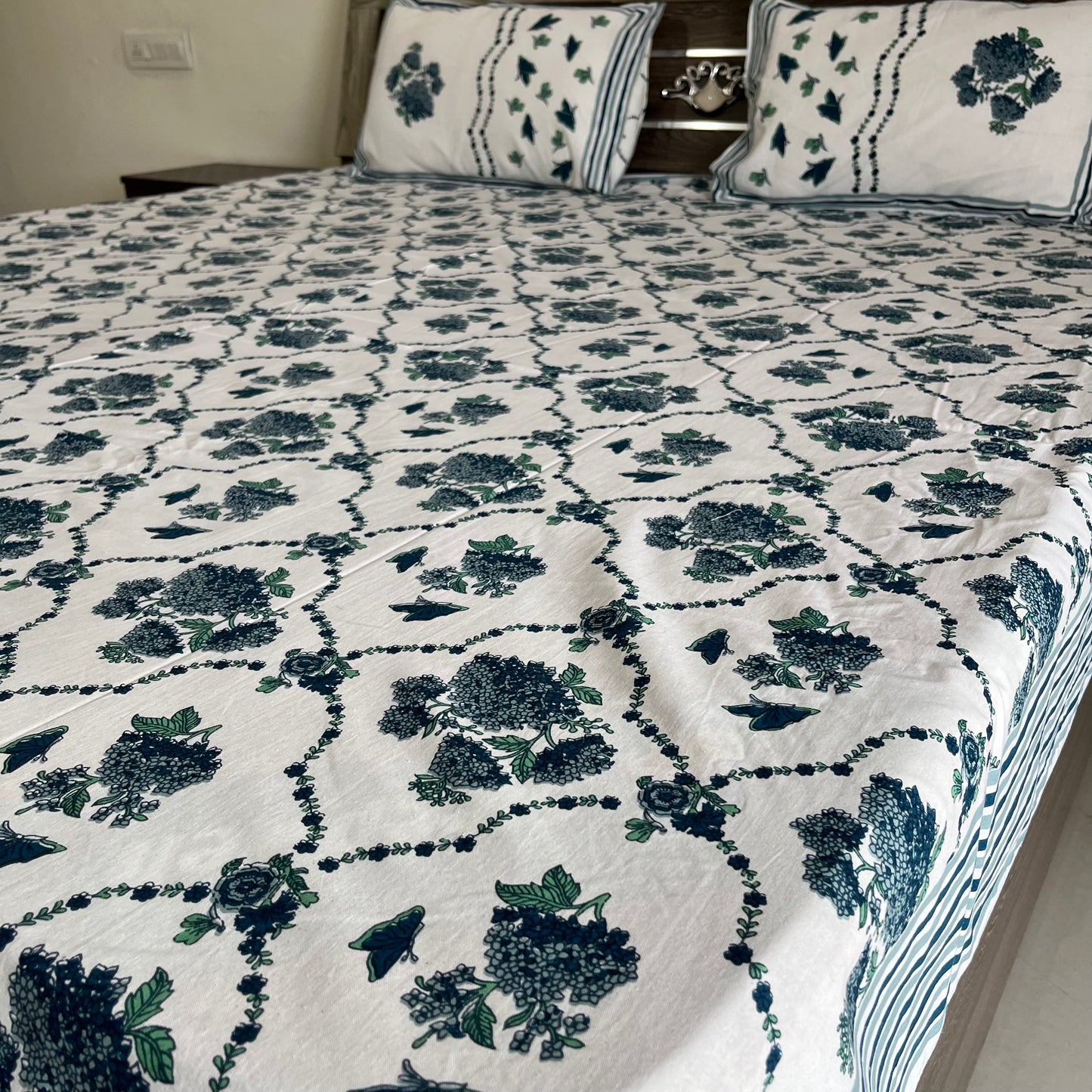 Blue Butterfly Floral Handblock Printed Cotton Bedsheet