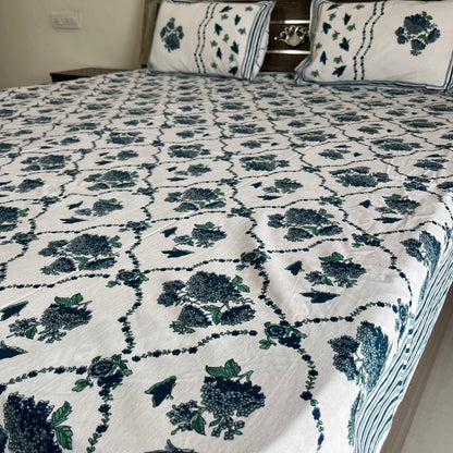 Blue Butterfly Floral Handblock Printed Cotton Bedsheet
