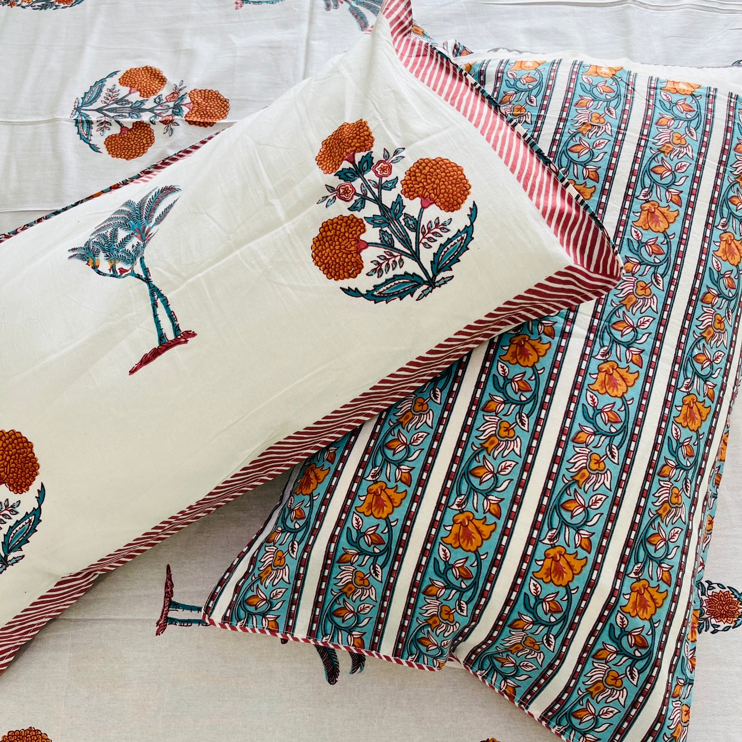 Orange Floral Handblock Printed Cotton Bedsheet