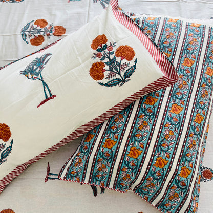 Orange Floral Handblock Printed Cotton Bedsheet