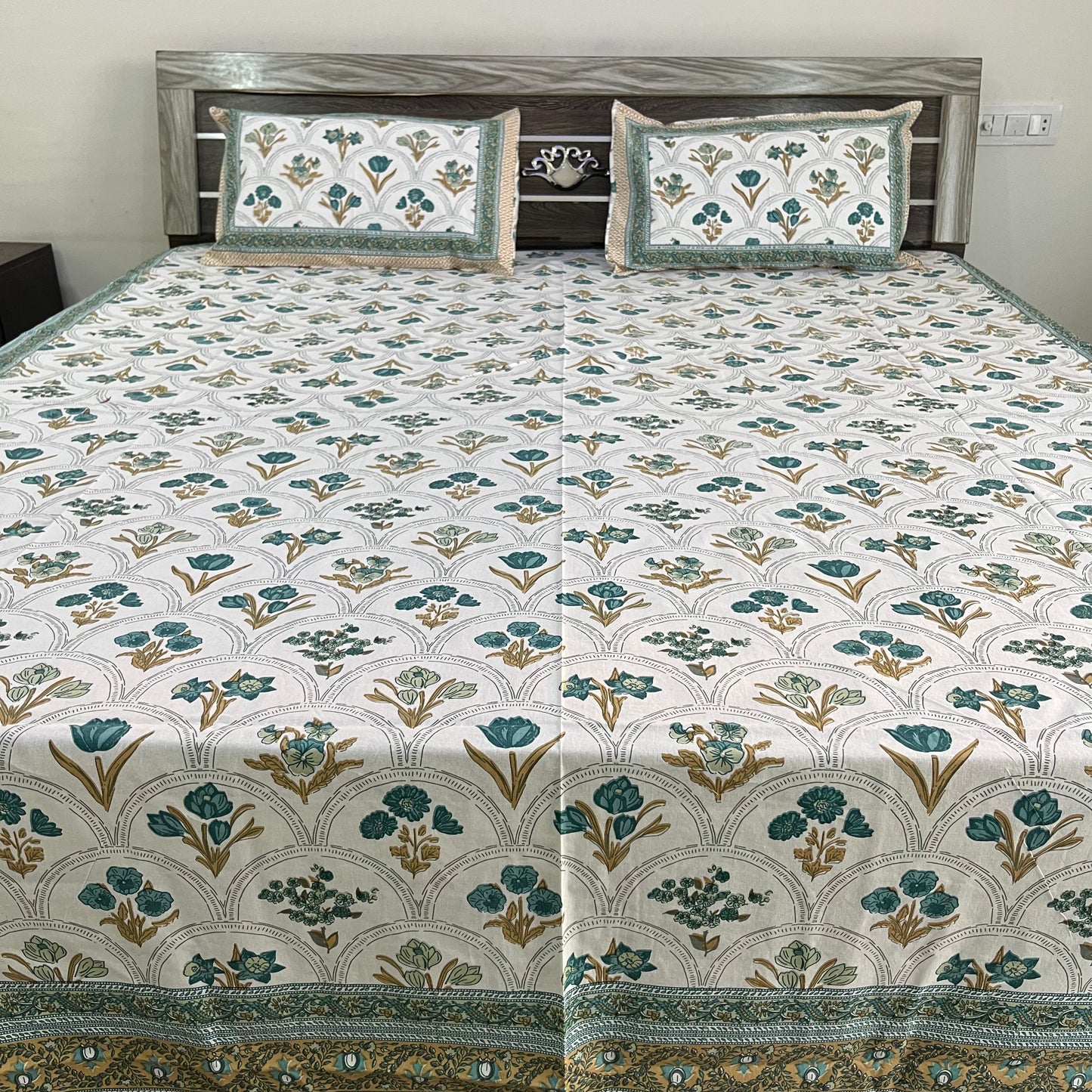 Blue Handblock Cotton Double Bedsheet with 2 Pillow Covers