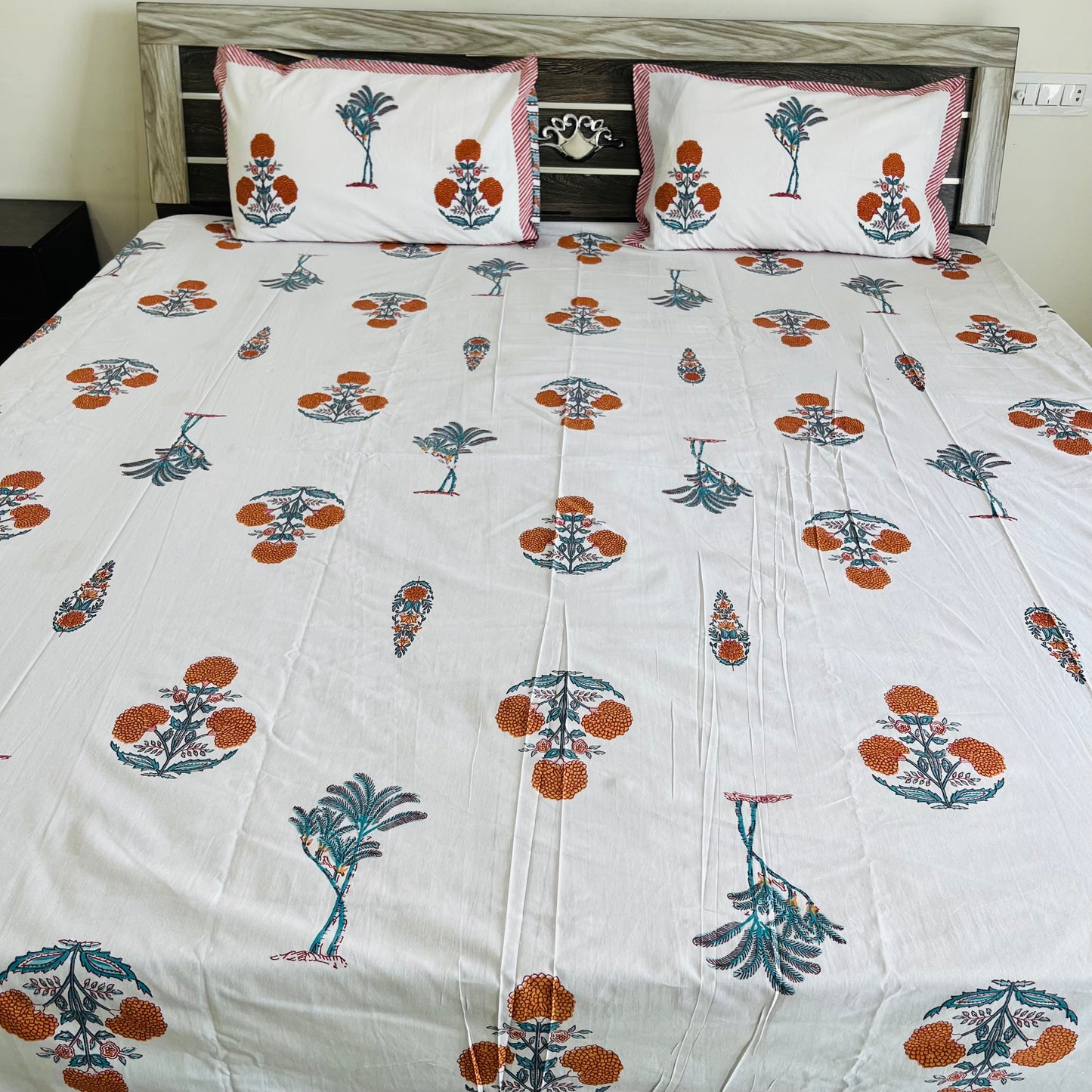 Orange Floral Handblock Printed Cotton Bedsheet