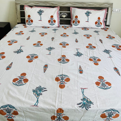 Orange Floral Handblock Printed Cotton Bedsheet