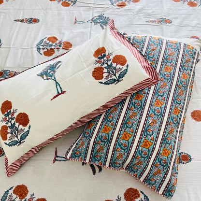 Orange Floral Handblock Printed Cotton Bedsheet
