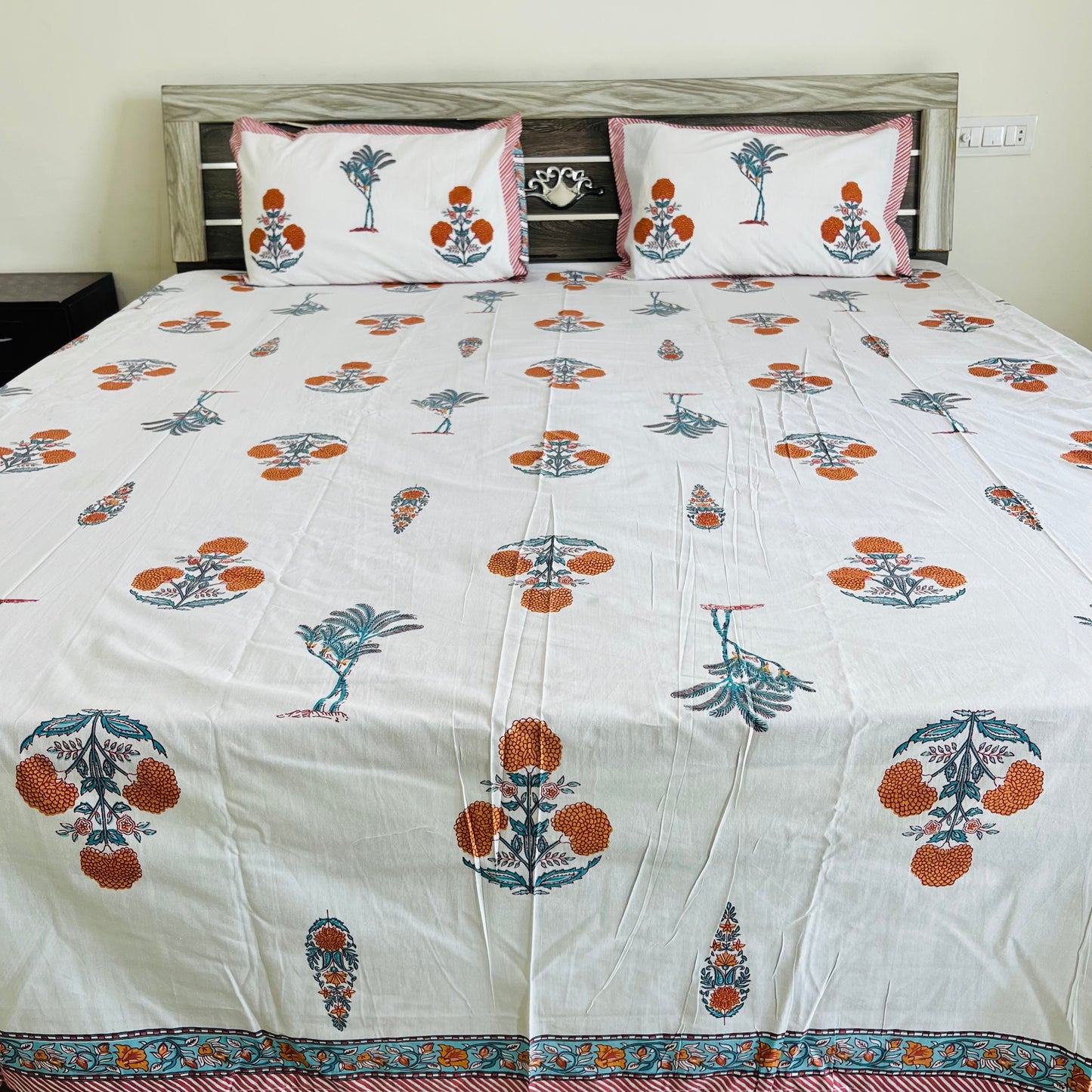 Orange Floral Handblock Printed Cotton Bedsheet