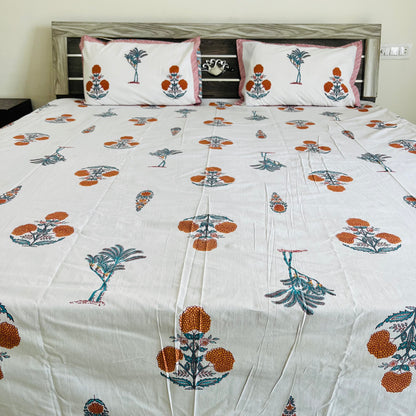 Orange Floral Handblock Printed Cotton Bedsheet