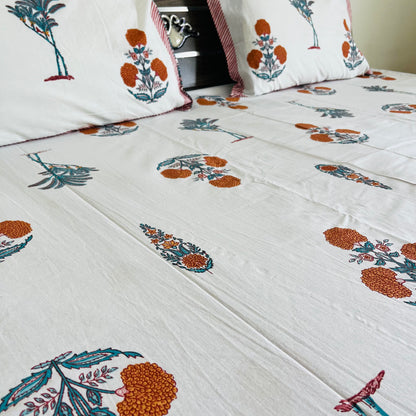 Orange Floral Handblock Printed Cotton Bedsheet