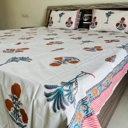 Orange Floral Handblock Printed Cotton Bedsheet