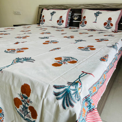 Orange Floral Handblock Printed Cotton Bedsheet