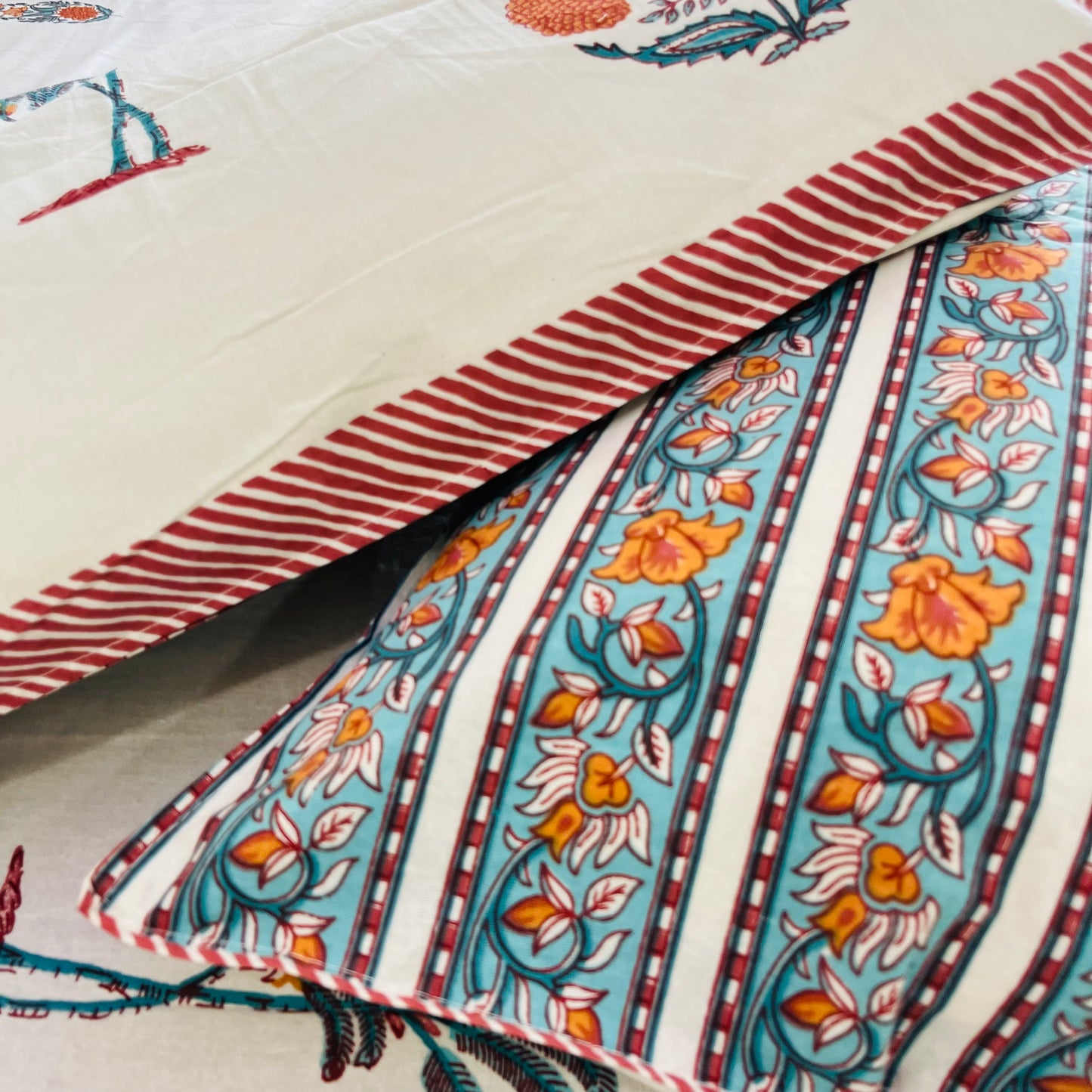 Orange Floral Handblock Printed Cotton Bedsheet