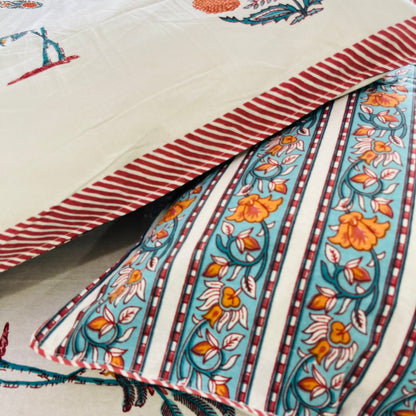 Orange Floral Handblock Printed Cotton Bedsheet