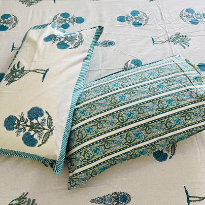 Blue Floral Handblock Printed Cotton Bedsheet