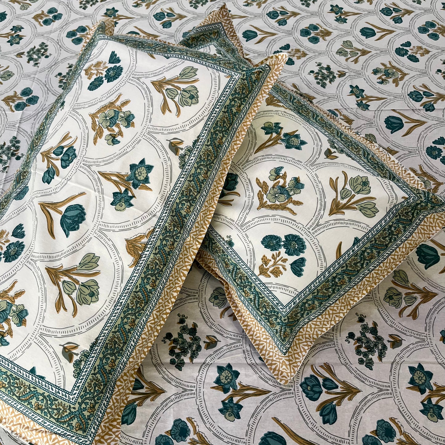 Blue Handblock Cotton Double Bedsheet with 2 Pillow Covers