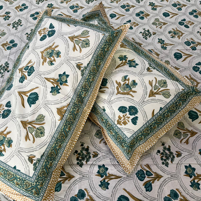 Blue Handblock Cotton Double Bedsheet with 2 Pillow Covers