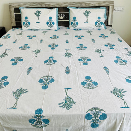 Blue Floral Handblock Printed Cotton Bedsheet