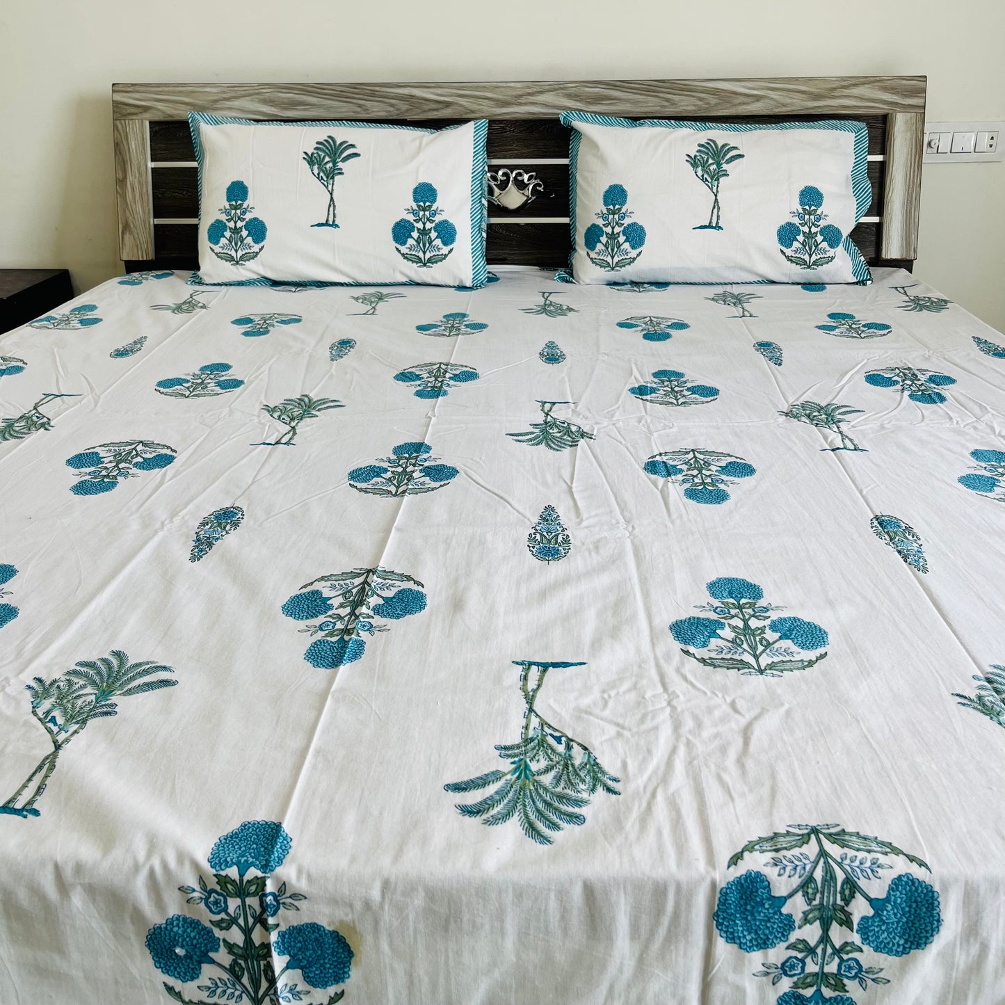 Blue Floral Handblock Printed Cotton Bedsheet