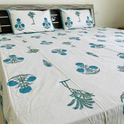 Blue Floral Handblock Printed Cotton Bedsheet