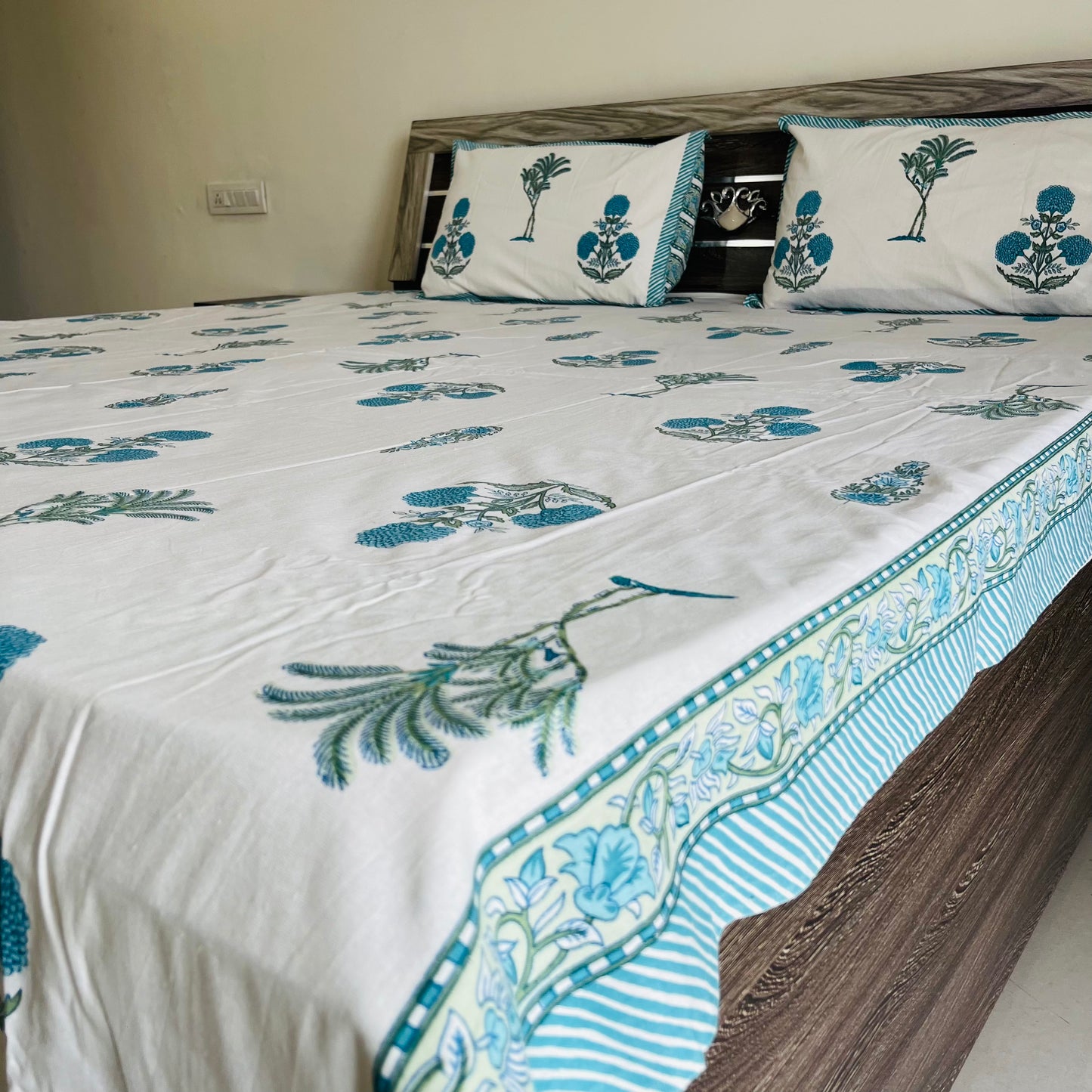 Blue Floral Handblock Printed Cotton Bedsheet