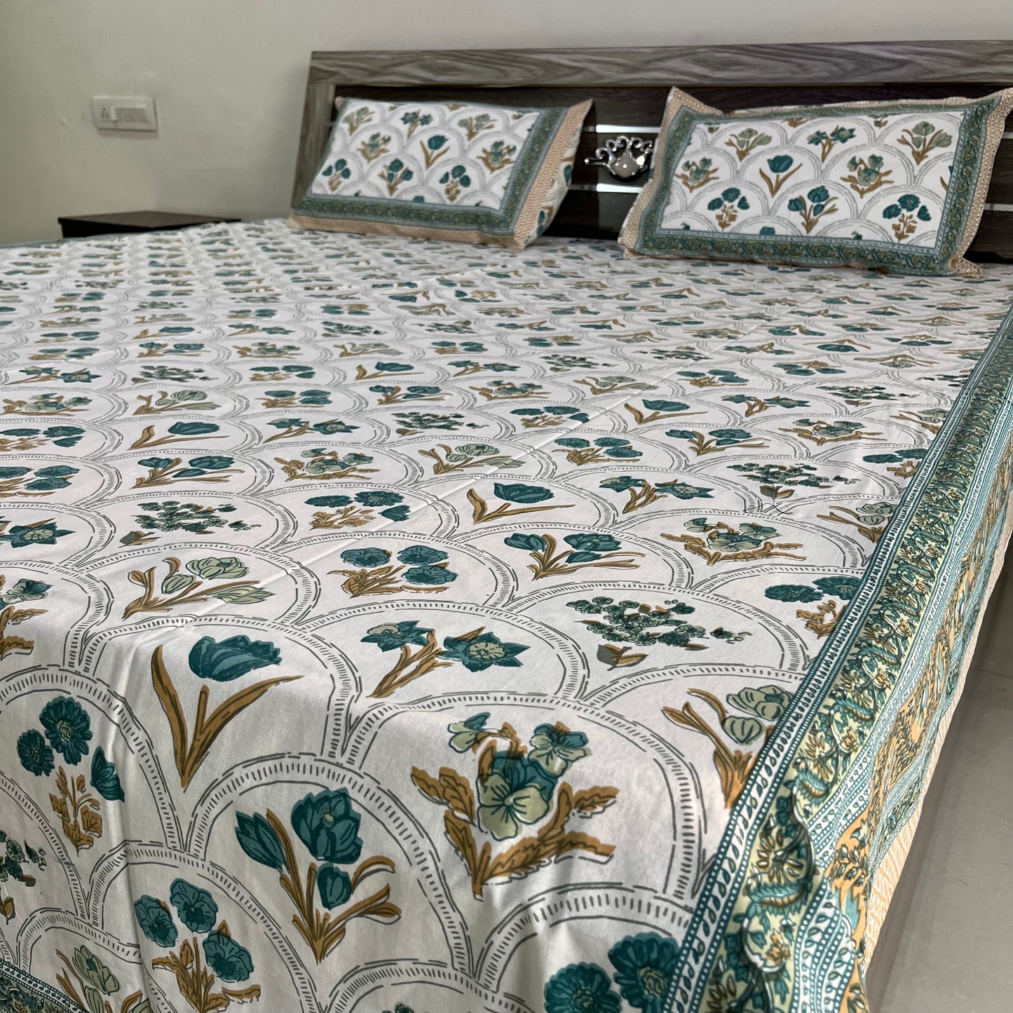 Blue Handblock Cotton Double Bedsheet with 2 Pillow Covers