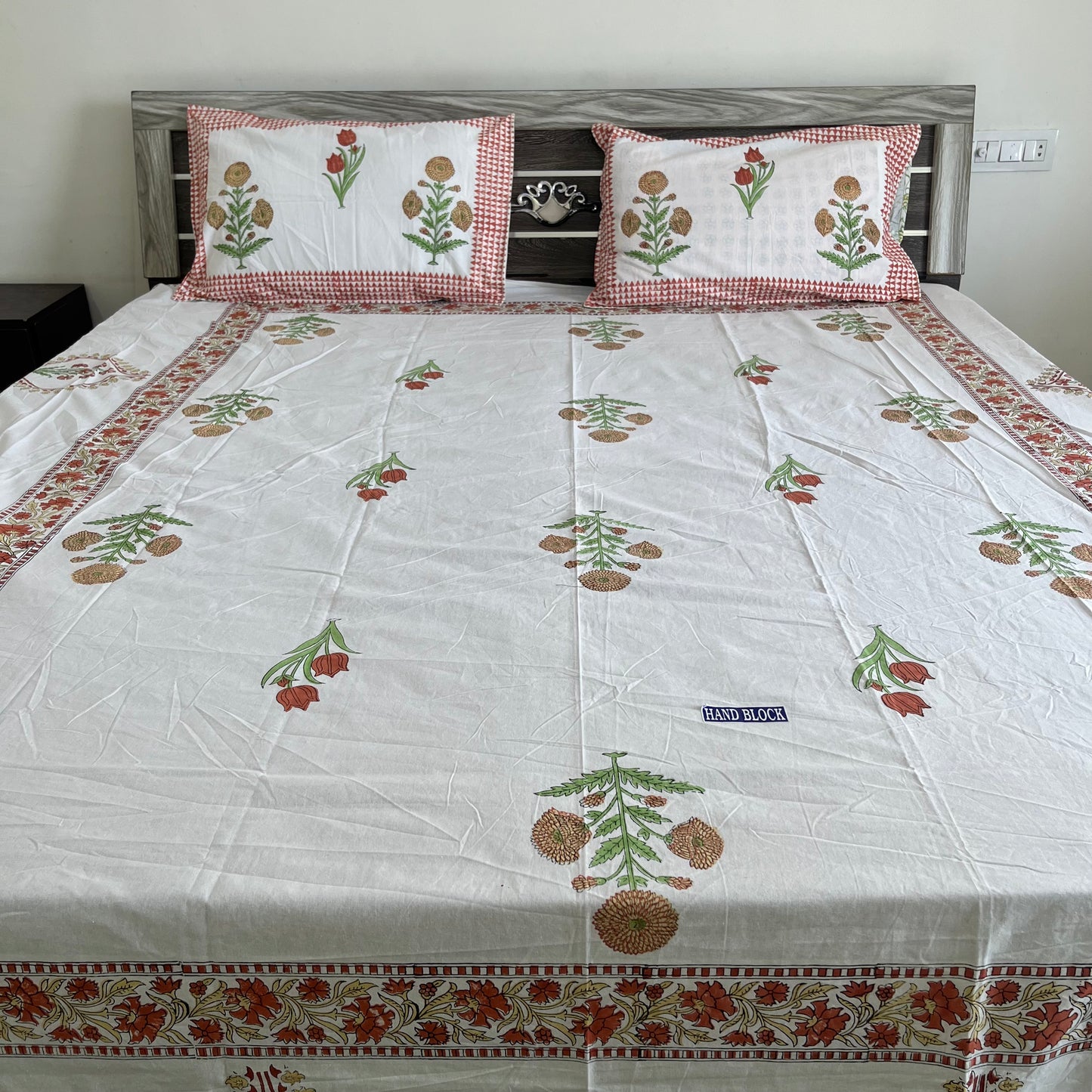 Yellow marigold Handblock Printed Cotton Bedsheet