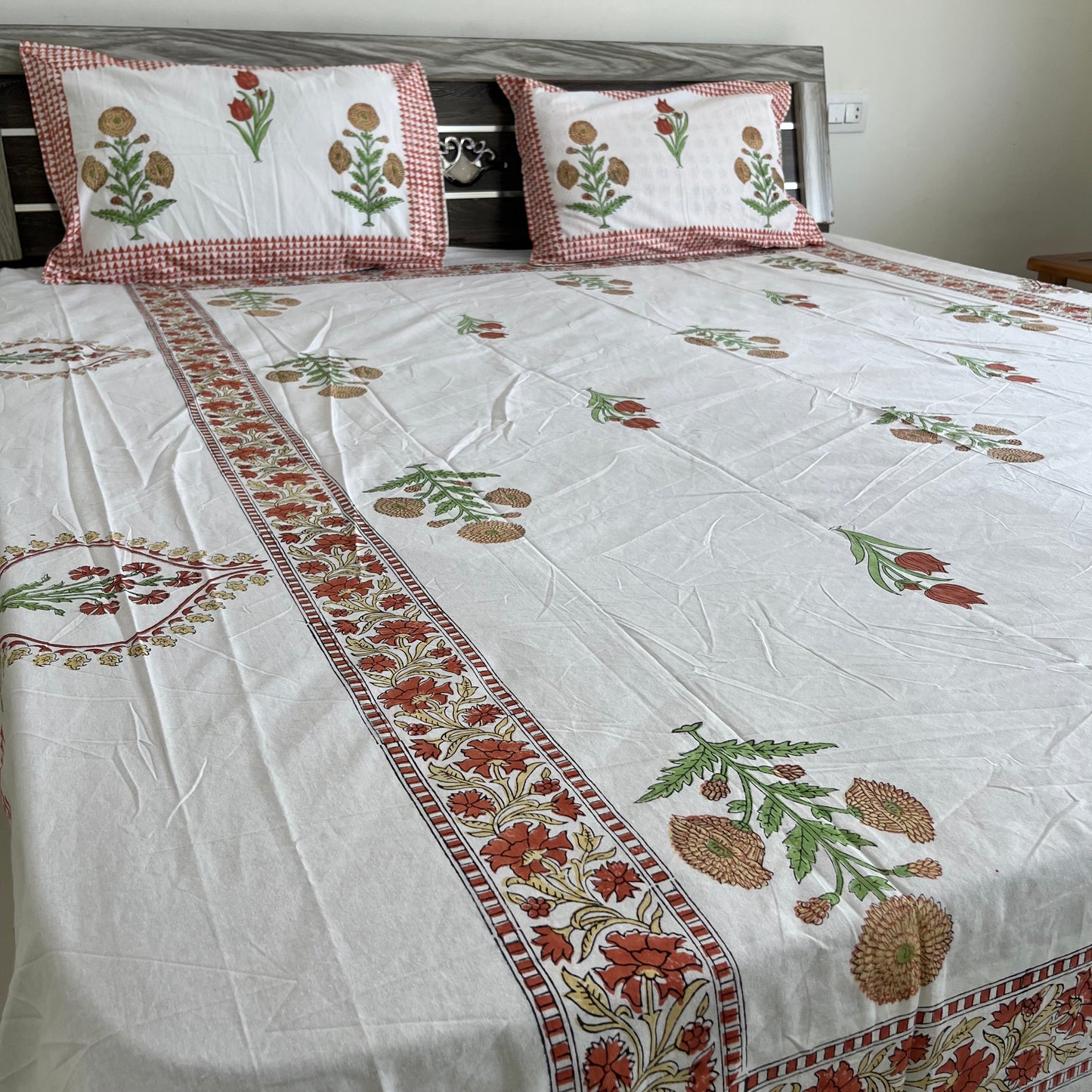 Yellow marigold Handblock Printed Cotton Bedsheet