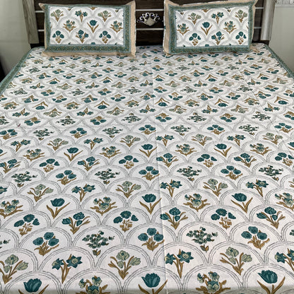 Blue Handblock Cotton Double Bedsheet with 2 Pillow Covers
