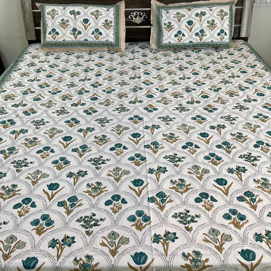 Blue Handblock Cotton Double Bedsheet with 2 Pillow Covers