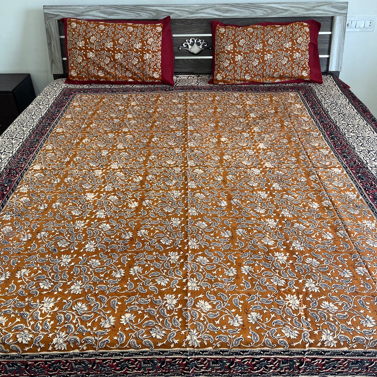 Mustard yellow Kalamkari  Bedsheet with 2 Pillow covers