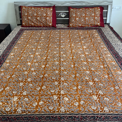 Mustard yellow Kalamkari  Bedsheet with 2 Pillow covers