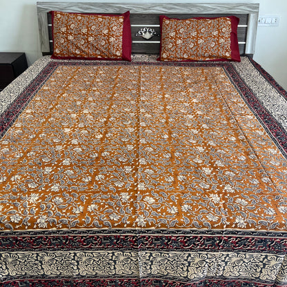 Mustard yellow Kalamkari  Bedsheet with 2 Pillow covers