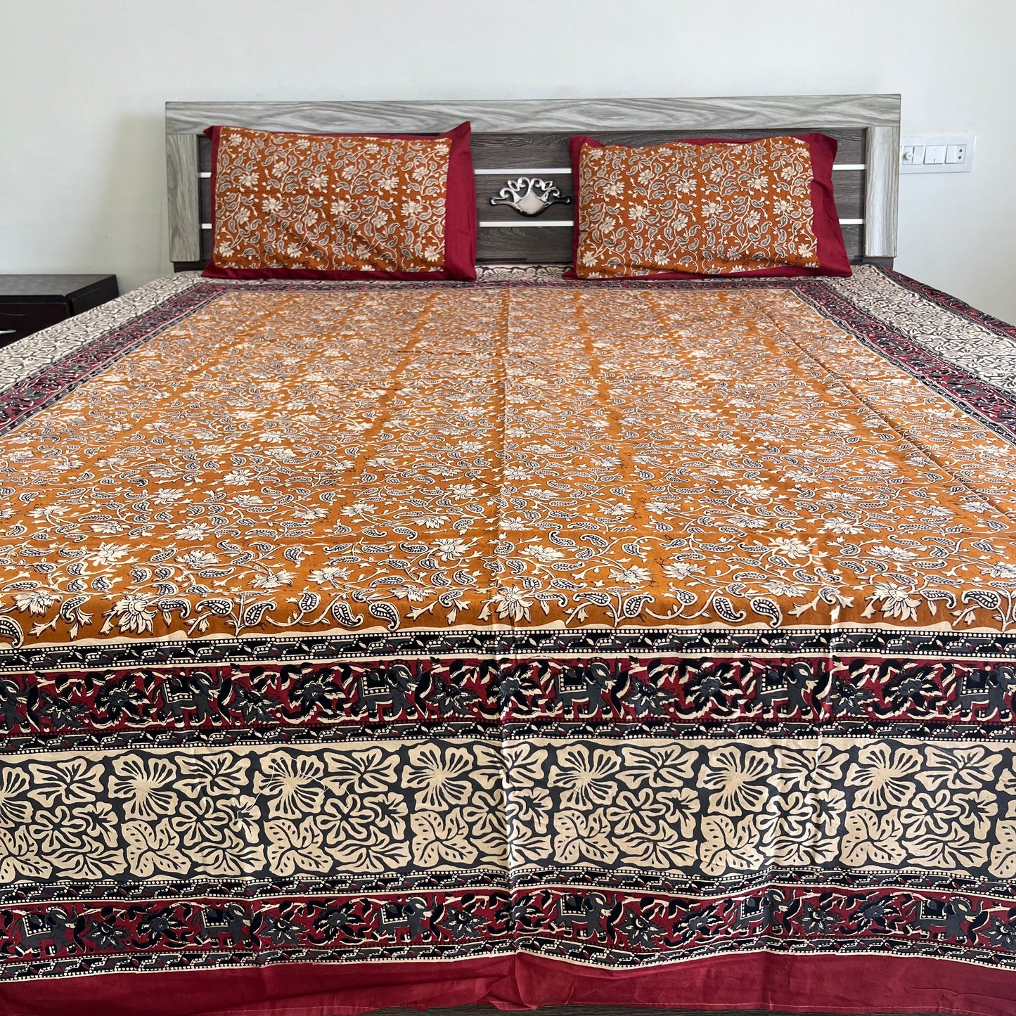 Mustard yellow Kalamkari  Bedsheet with 2 Pillow covers