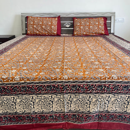 Mustard yellow Kalamkari  Bedsheet with 2 Pillow covers