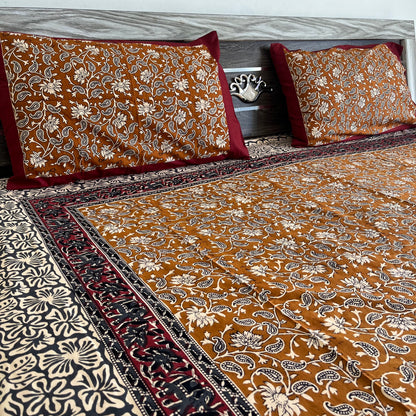Mustard yellow Kalamkari  Bedsheet with 2 Pillow covers