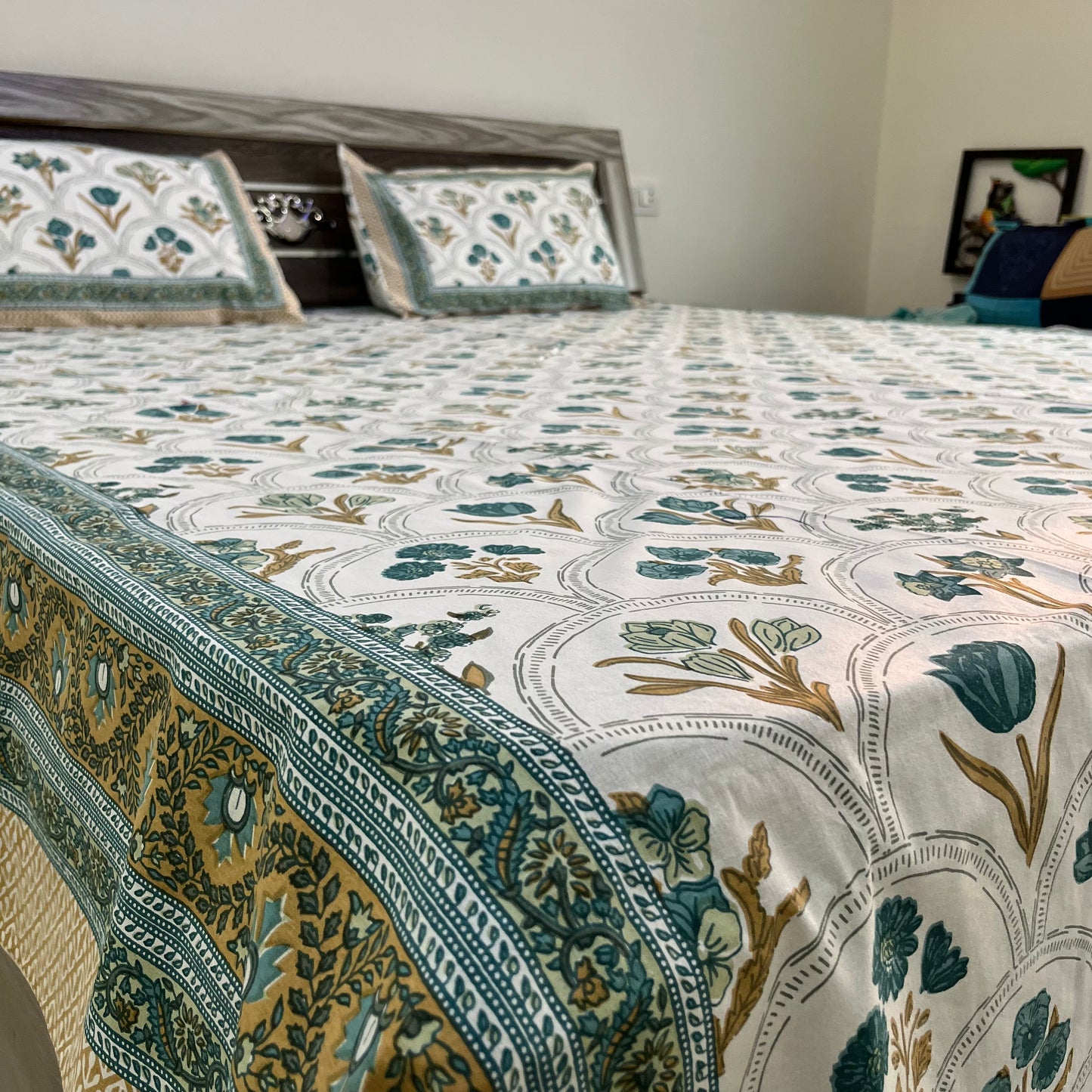 Blue Handblock Cotton Double Bedsheet with 2 Pillow Covers