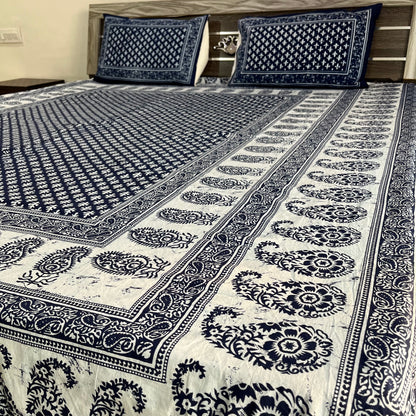 White Abstract Indigo Cotton Bedsheet