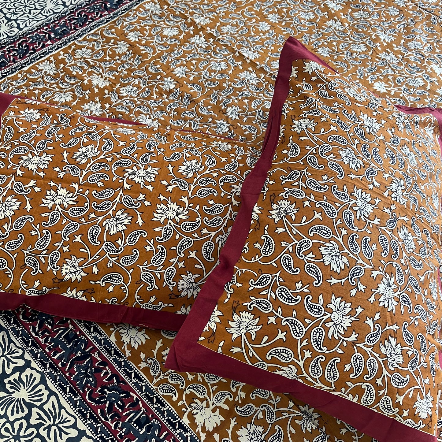 Mustard yellow Kalamkari  Bedsheet with 2 Pillow covers
