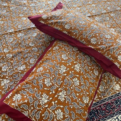 Mustard yellow Kalamkari  Bedsheet with 2 Pillow covers