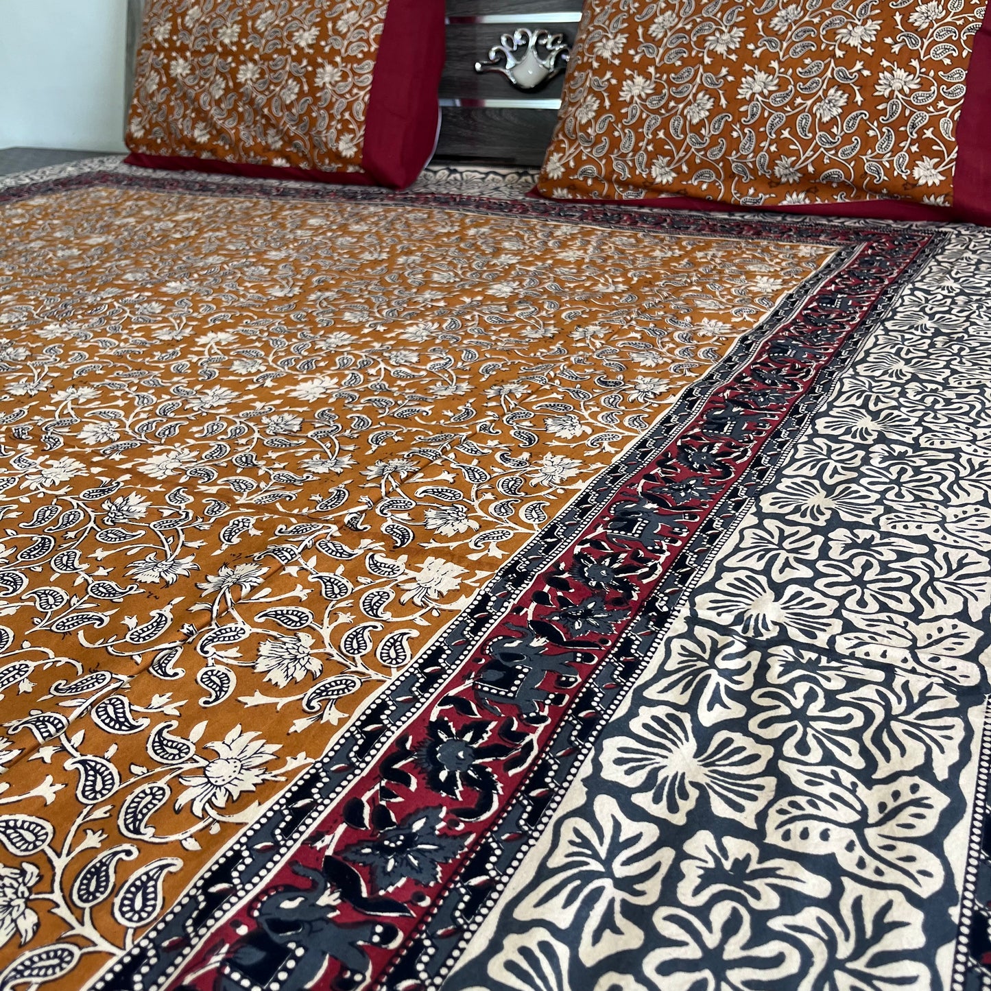 Mustard yellow Kalamkari  Bedsheet with 2 Pillow covers
