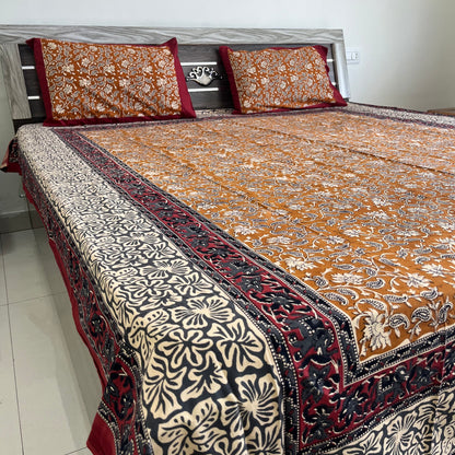 Mustard yellow Kalamkari  Bedsheet with 2 Pillow covers