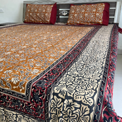 Mustard yellow Kalamkari  Bedsheet with 2 Pillow covers