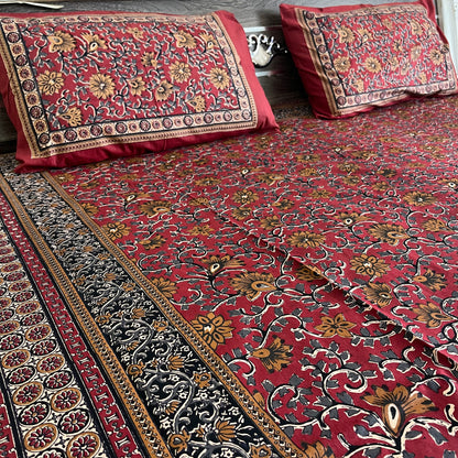 Red Kalamkari Bedsheet with 2 Pillow covers