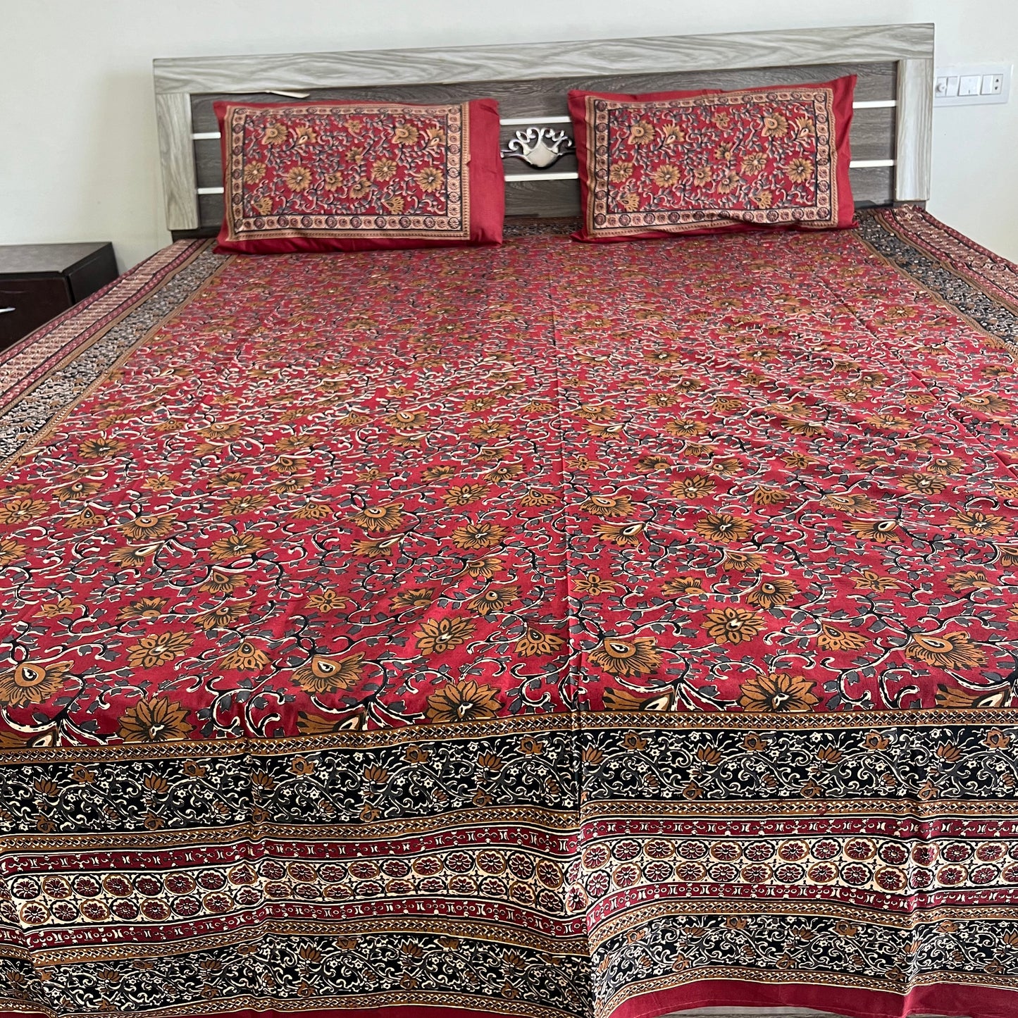 Red Kalamkari Bedsheet with 2 Pillow covers