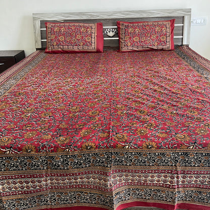 Red Kalamkari Bedsheet with 2 Pillow covers
