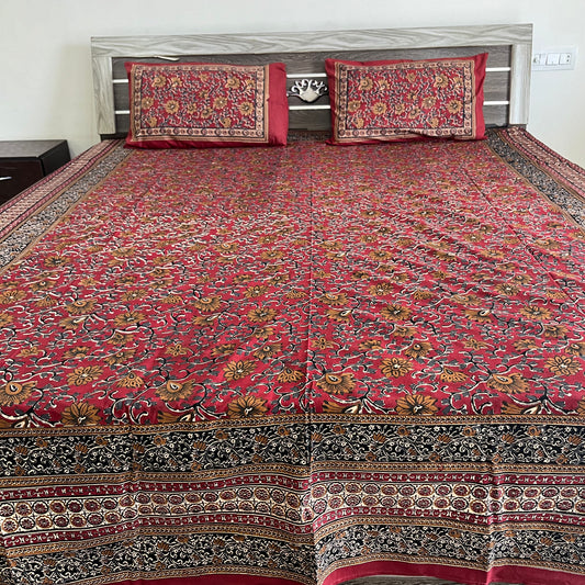 Red Kalamkari Bedsheet with 2 Pillow covers
