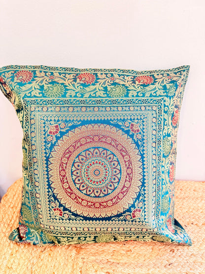 Green Banarasi Silk Festive Cushion Cover – Luxurious Decorative Pillow for Special Occasions