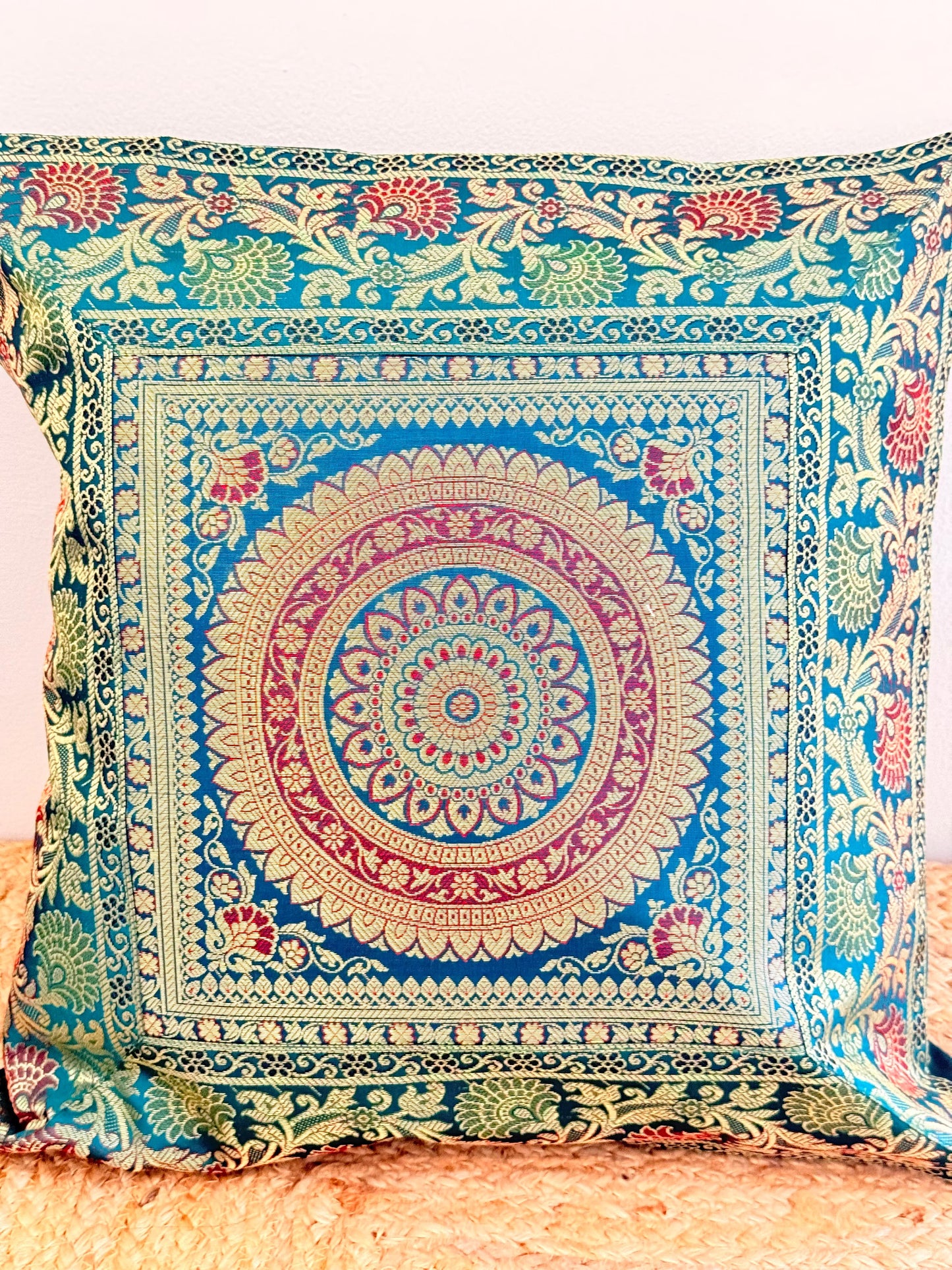 Green Banarasi Silk Festive Cushion Cover – Luxurious Decorative Pillow for Special Occasions