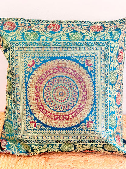 Green Banarasi Silk Festive Cushion Cover – Luxurious Decorative Pillow for Special Occasions